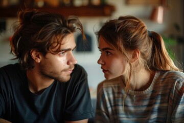 Emotional stressed young couple having argument at home. Portrait of angry irritated man and woman talking and looking at each other with annoyed. Relationship problems, family, Generative AI - obrazy, fototapety, plakaty