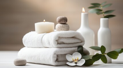 Spa essentials showcased on white wooden surface for soothing beauty treatment procedures