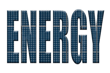 Solar energy photovoltaic panels with the word Energy - obrazy, fototapety, plakaty
