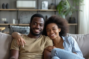Young happy man and woman turning on air conditioner sitting on sofa at home. Smiling couple of homeowners enjoying cool conditioned air using remote resting on couch together in living, Generative AI
