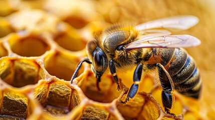 micro close up of bee on the bee hives. - obrazy, fototapety, plakaty