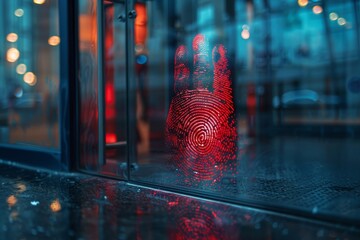 Fingerprint at the entrance to the office glass door, fingerscan with access control on the glass door, Generative AI