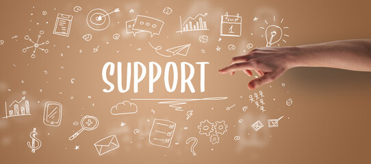 Close-Up of cropped hand pointing at business inscription