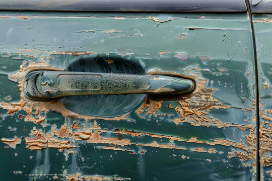 A close-up image of a car's door handle with scratched paint from a key scrape.