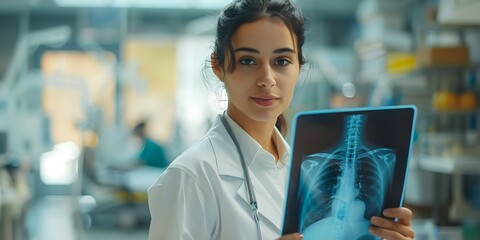 Female doctor holding Xray film in hospital diagnosing bone disease Copy space for text. Concept Medical, Female Doctor, X-ray, Hospital, Bone Disease