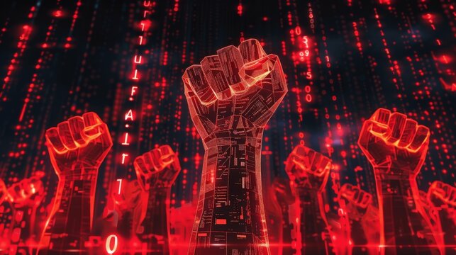 a group of red digital fists raised in the air symbolizing digital activism and rebellion