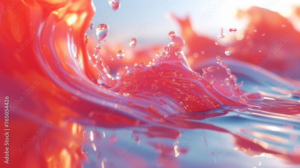 Poster dynamic splash of red and blue liquid captured in motion, displaying an energetic interplay of color