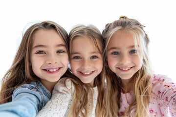 Three cute young girls friends having fun together, taking a selfie on a white background, Generative AI