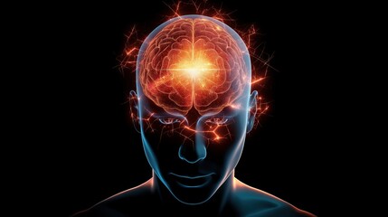 3d x-ray of human head that shows brain on fire