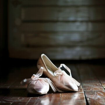 Ballet Shoes Resting on Wooden Floor