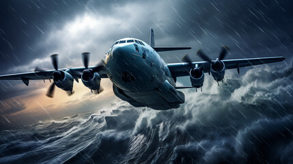 A  cargo transport plane flying through a turbulent storm over the open ocean. - obrazy, fototapety, plakaty