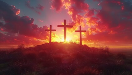 Crosses of Jesus Christ at sunset.