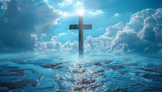The cross of Jesus Christ stands tall and majestic over a vast body of water, with a bright light shining down from above.