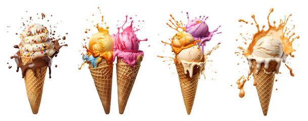 Set of Ice cream scoop on waffle cone flying splash explosion with sprinkles cream topping frosting on transparent background cutout, PNG file. Many assorted different. Mockup template for artwork