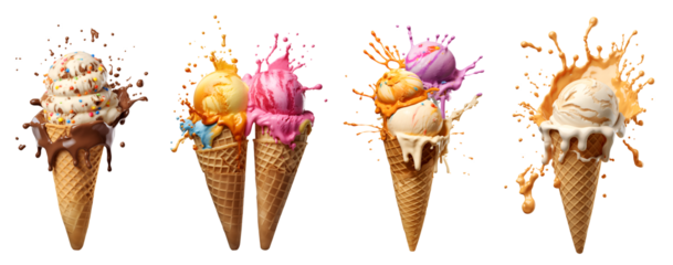 Set of Ice cream scoop on waffle cone flying splash explosion with sprinkles cream topping frosting on transparent background cutout, PNG file. Many assorted different. Mockup template for artwork