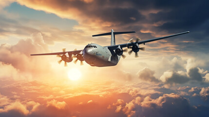 A  cargo transport plane soaring through a cloud-filled sky with the sun breaking through.