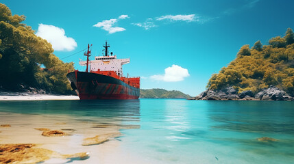 A  cargo transport ship anchored in a serene bay with crystal-clear waters.