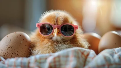 Fotobehang A baby chicken wearing sunglasses is sitting in a basket of eggs. © Meow Creations