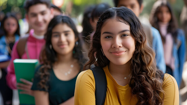 Pretty mexican female student with group of latin american and caucasian and african young adults