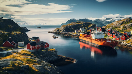 A  cargo transport ship passing by a remote coastal village with colorful houses. - obrazy, fototapety, plakaty