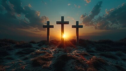 Three wooden crosses on a hill at sunset - obrazy, fototapety, plakaty