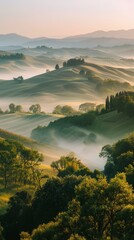 Misty hills at sunrise capture the ethereal beauty and soft light.