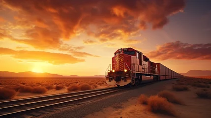 Cercles muraux Ancien avion A  cargo transport train crossing a vast desert landscape with a dramatic sunset.