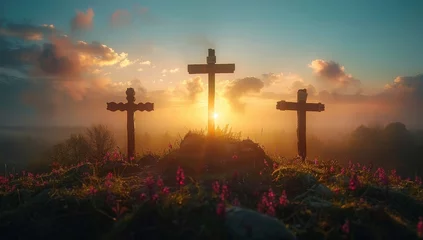 Foto op Plexiglas Three wooden crosses on a hill at sunset © Meow Creations