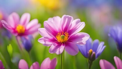 Obraz premium Pink bright spring flower close up on blurred background