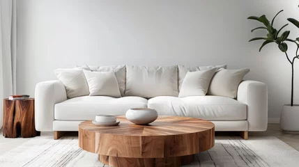 Fotobehang a round wooden coffee table in front of a white sofa in a scandinavian styled living room © Salander Studio