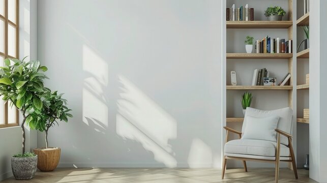 white wall in living room interior with armchair and bookcase, window, green plants decor, minimalist style, high resolution photography