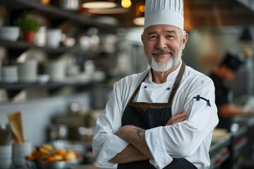 Caucasian middle aged male chef in a chef's hat with arms crossed wears apron standing in restaurant kitchen and smiling, Generative AI