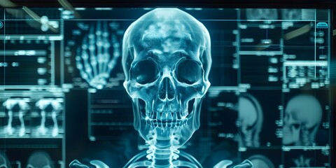 Xray scan of human skeleton on digital display in hospital used for diagnostic purposes by medical staff. Concept Medical Technology, Diagnostic Tools, X-Ray Imaging, Healthcare Innovation