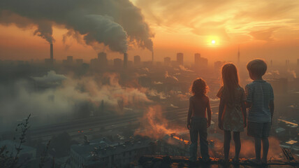 children aged 4 and 5 look at the sky and see smog, urban scenery, city in smog observed by children,generative ai