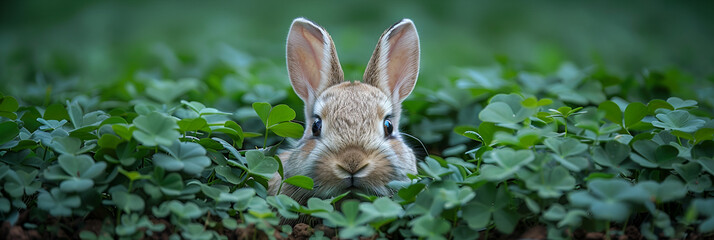A Cute brown Rabbit head peaking over a field of green clover leaves  in a landscape 3:1 ratio web banner image. 