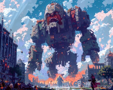 A virtual reality arena, giants battling in a pixel-art landscape, with Sladar and juggernauts clashing, mermaids and golems watching, under a jokers mocking gaze
