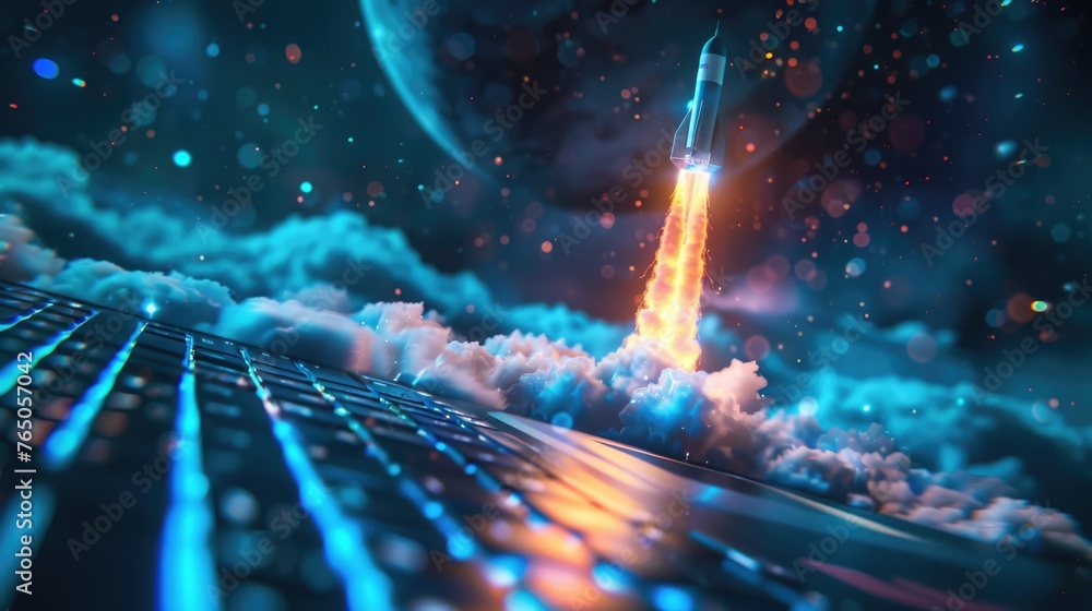 Poster a computer keyboard with a rocket flying through the air.