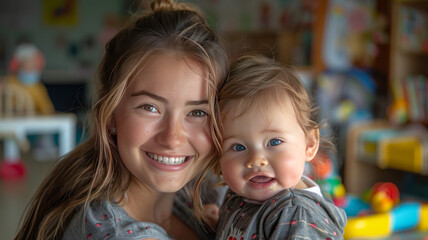 Obraz premium photo of caucasian teacher nursing a baby in kidergarden, babies playing toys in background, modern nursery school ,generative ai