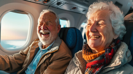 Happy senior couple travel in airplane enjoying vacations trip together, Lifestyle trip travel, warm light, empower and joyful life concept