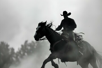 Fototapeta premium Cowboy on a bucking bronco at a rodeo. Concept Wild West, Cowboy Culture, Rodeo Events, Bronco Riding, American Traditions