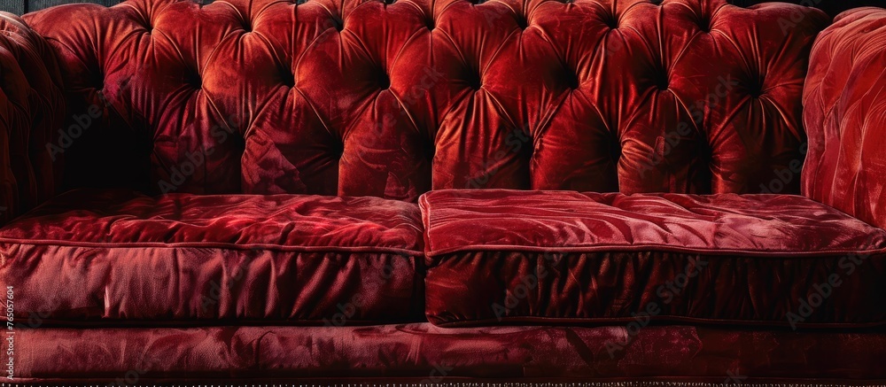 Sticker An image featuring a detailed view of a luxurious red velvet couch set against a solid black background