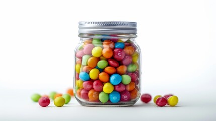 Brightly colored candies fill a transparent glass jar, with a few scattered around, against a stark white background.
