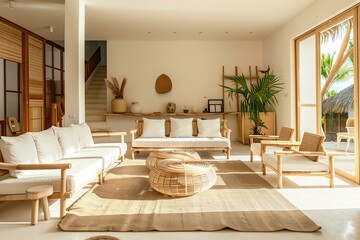 Minimalist living room with sustainable bamboo furniture, reflecting eco conscious home decor trends, bright and airy - obrazy, fototapety, plakaty