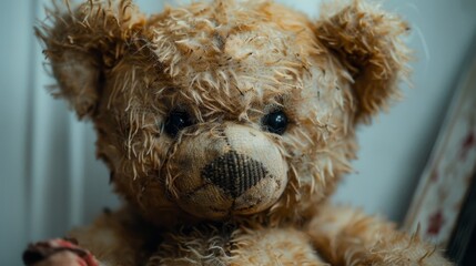 An endearing old teddy bear with worn-out fur and a patchwork nose, displaying years of love and play.