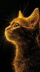 An ethereal portrait of a cat enveloped in golden light, creating a mystical aura with its silhouette against a dark backdrop.