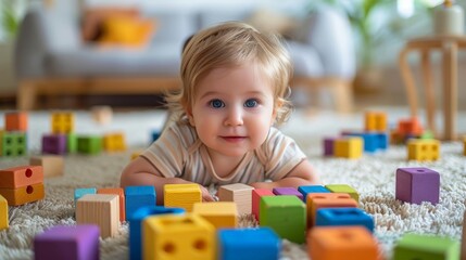cute little toddler playing with colorful wooden block toys on the floor