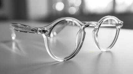 Transparent acetate eyeglasses with round lenses showcased on a reflective surface, ideal for modern optical fashion.