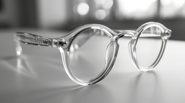 Transparent acetate eyeglasses with round lenses showcased on a reflective surface, ideal for modern optical fashion.