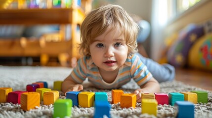 cute little toddler playing with colorful wooden block toys on the floor