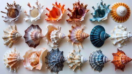 A beautiful collection of various colorful seashells arranged neatly on a light background, showcasing patterns and symmetry. - obrazy, fototapety, plakaty